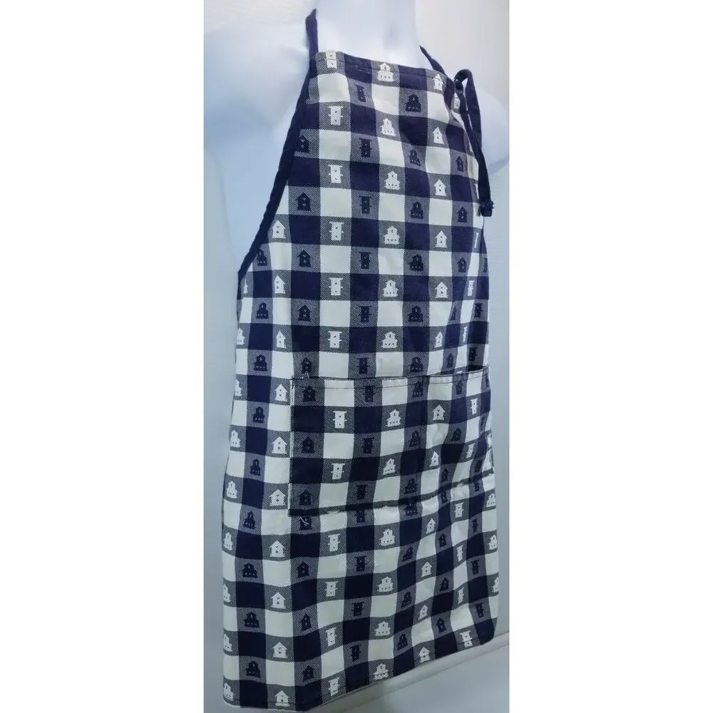 QQ) Hometex Blue White Country Cottage Chef's Apron Double Pocket 100% Cotton